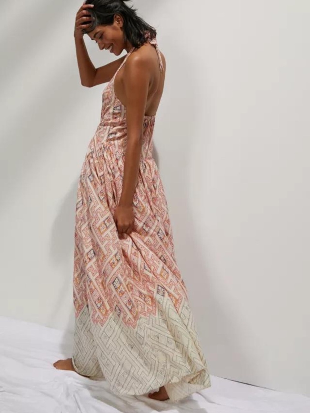 Anthropologie Pink Patterned Backless Halter Maxi Dress